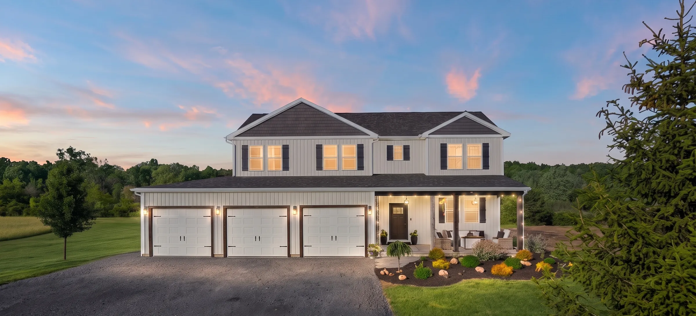 Two-story home with a three-car garage and a lit front porch at dusk, from our team’s project archive